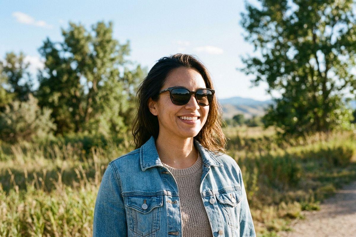 Smiling adult wearing sunglasses and a denim jacket standing outdoors on a sunny day with trees, hills, and a dirt path behind them.