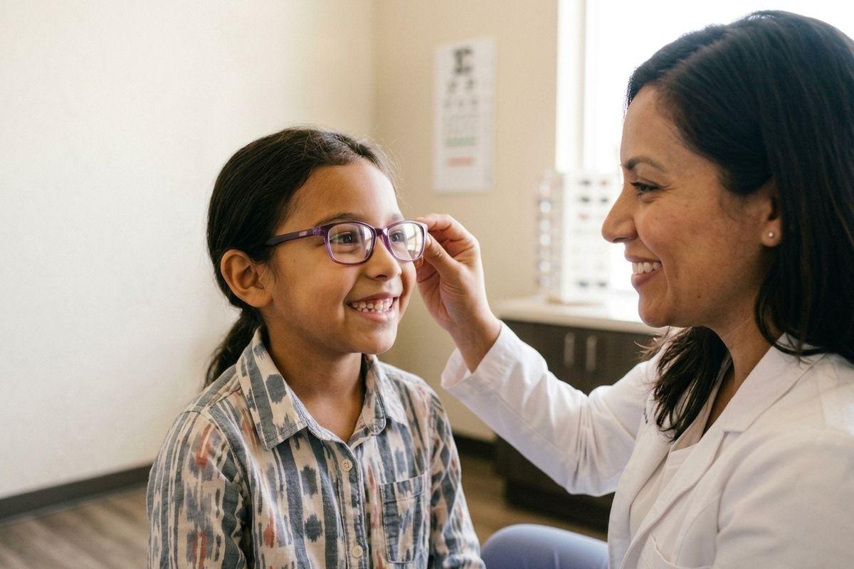 Optometrist smiling while fitting purple-framed glasses on a smiling child in an eye exam room with an eye chart on the wall.