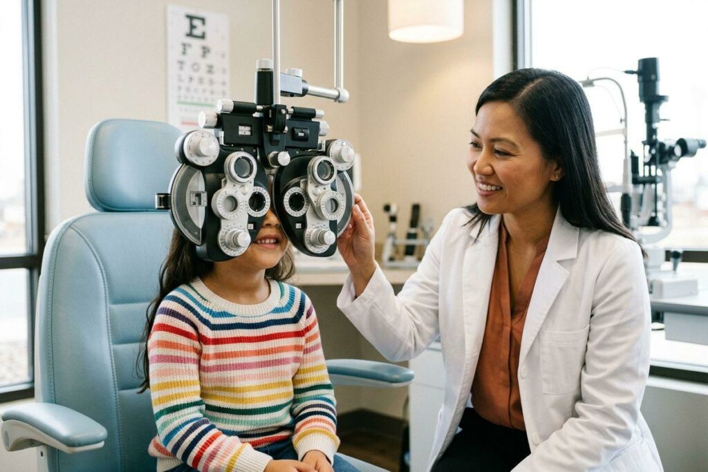 Smiling optometrist holds a phoropter in front of a child's eyes during an eye exam. An eye chart is visible in the background.