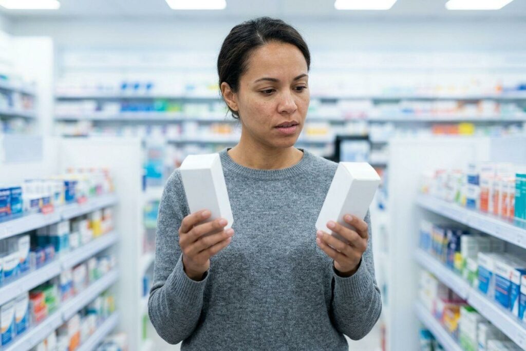 A person standing in a pharmacy aisle comparing two white eye drop boxes, one in each hand, with a focused expression.