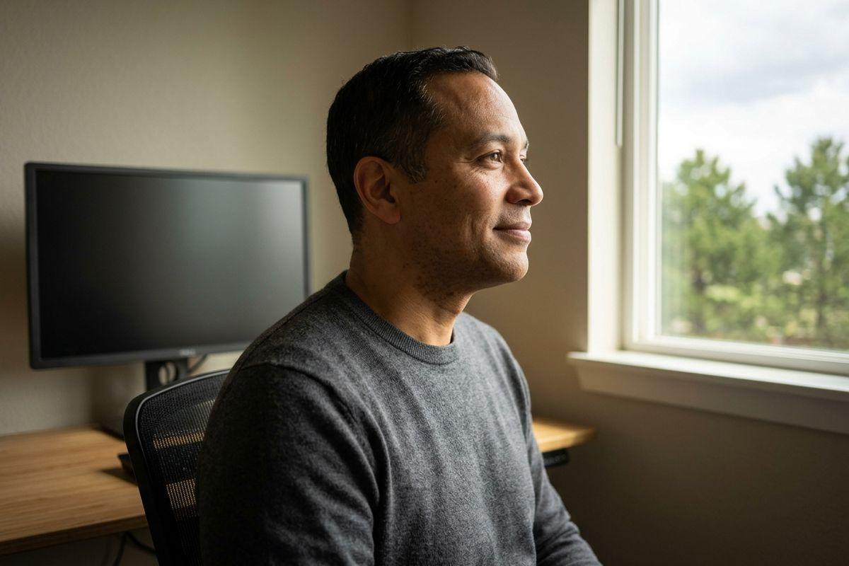 An adult in a grey sweater sits at a desk with a monitor, looking out a window at trees.